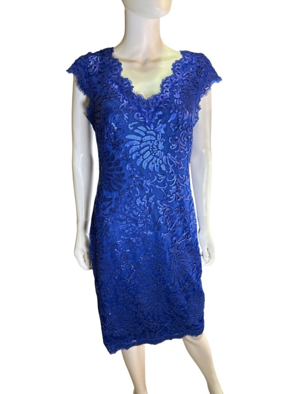 Tadashi Shoji Blue Lace Sequin Dress Size 8 V-Neck Cap Sleeves AIW1304MZ EUC